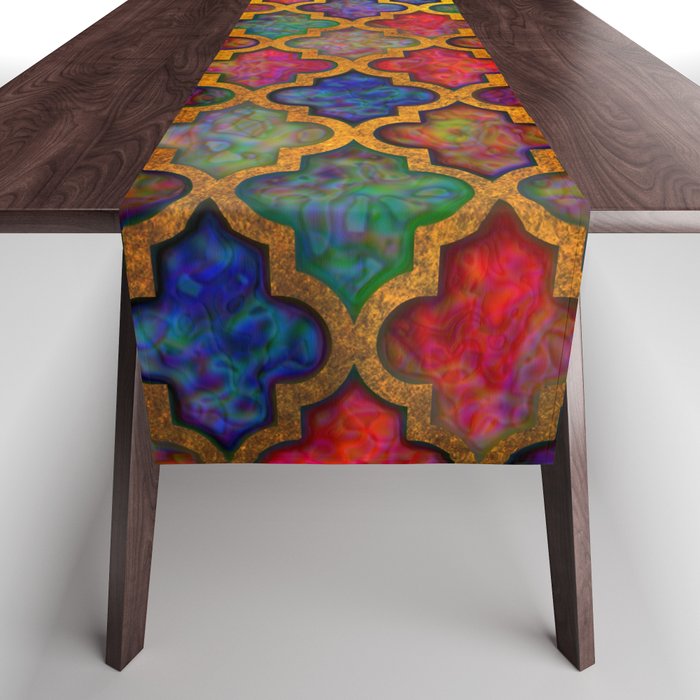 Moroccan tile red blue green iridescent pattern Table Runner