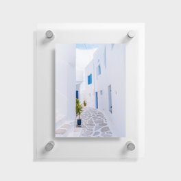 Alleyway in Greece | White Blue Bright Photograph in the Streets of the Greek Island Floating Acrylic Print