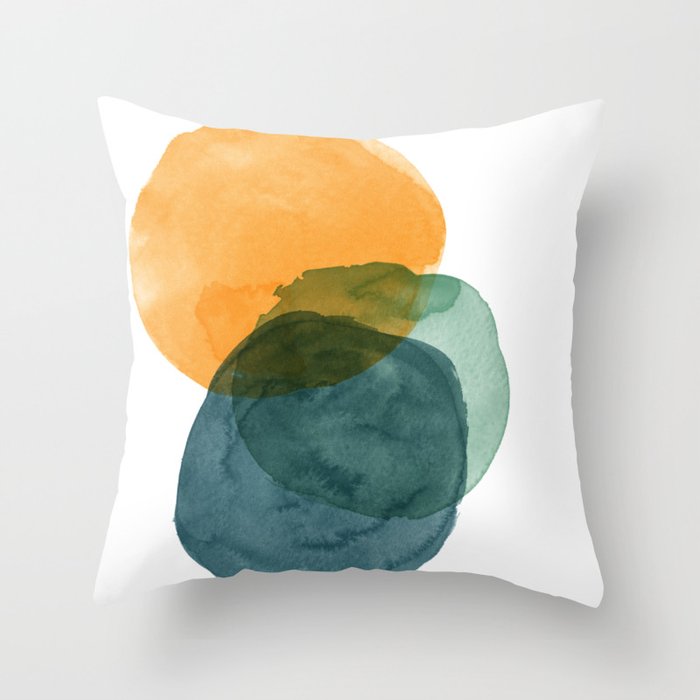 Watercolor Circles in Autumn Shades of Mustard and Teal Throw Pillow
