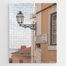 Vintage lantern in Lisbon art print - summer mediterranean street and travel photography Jigsaw Puzzle