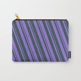 [ Thumbnail: Purple and Dark Slate Gray Colored Lined/Striped Pattern Carry-All Pouch ]