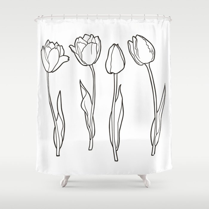 Tulip Line Art In Digital Ink Shower, Black And White Tulip Shower Curtain