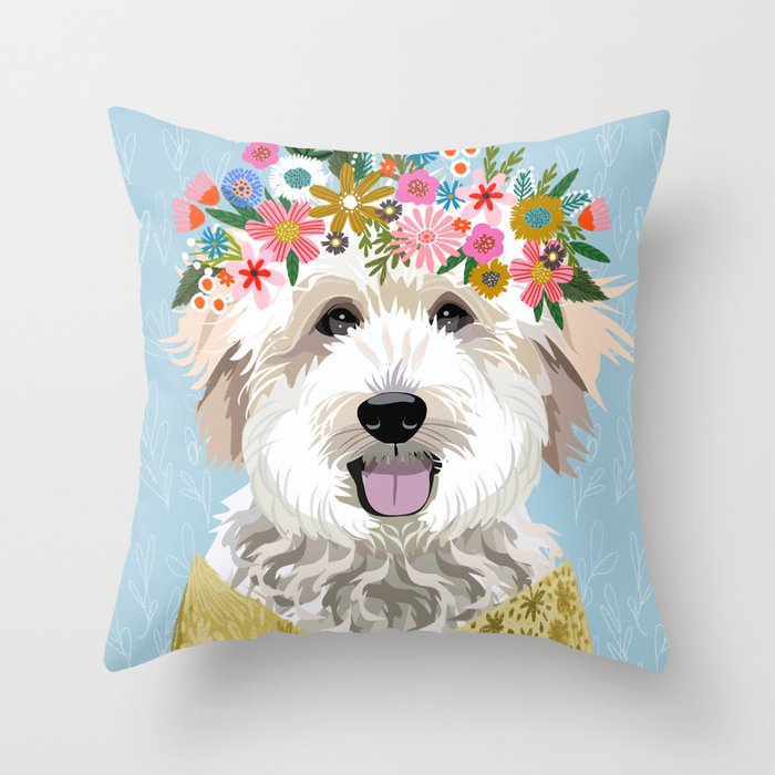 Golden Doodle Flower Portrait - dog portrait, goldendoodle dog, dog flower, flower crown, dog, dogs Throw Pillow