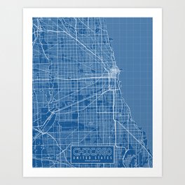 Chicago City Map of the United States - Blueprint Art Print