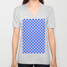 Cotton Candy Pink and Brandeis Blue Checkerboard V Neck T Shirt