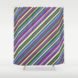 [ Thumbnail: Colorful Cornflower Blue, Dark Orchid, Brown, Beige & Green Colored Lined/Striped Pattern Shower Curtain ]