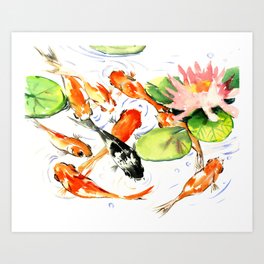 Koi Fish Pond, Feng Shui 9 koi fish art Art Print