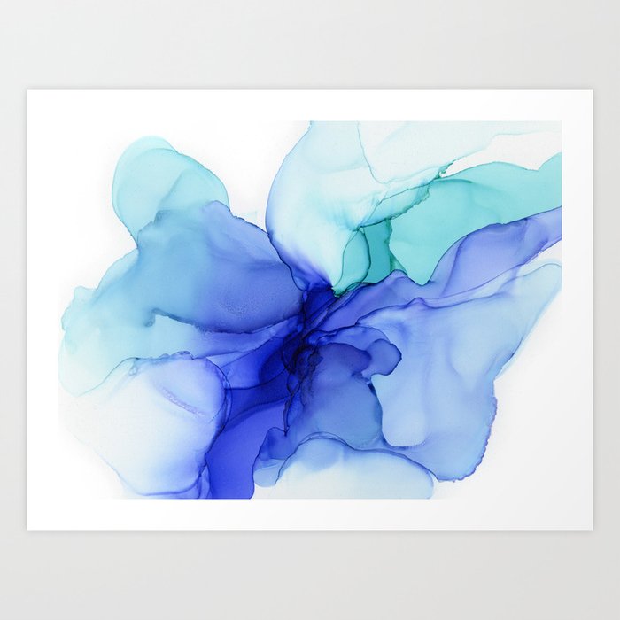 Blue Floral Abstract Ink Art Print