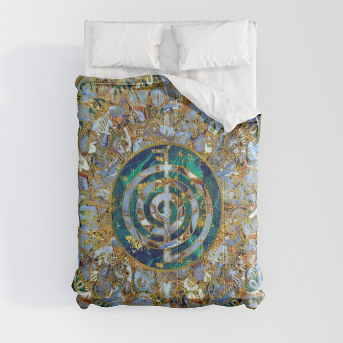 Choku Rei Symbol in Mandala on Marble and Gold Comforter