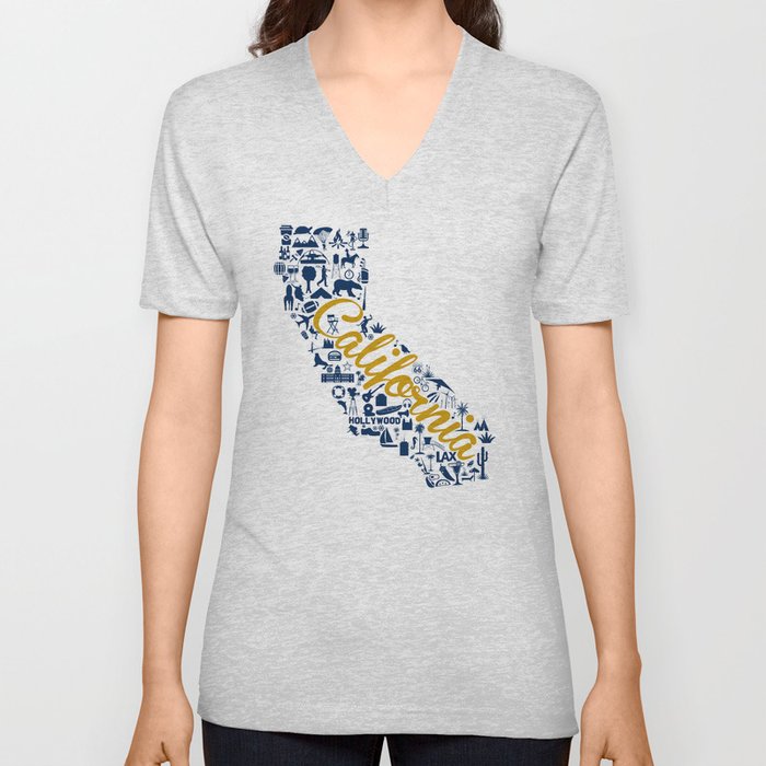 UC Davis California Landmark State - Blue and Gold University Design V Neck T Shirt