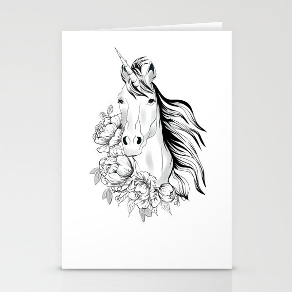 Unicorn,black and white floral illustration Stationery Cards