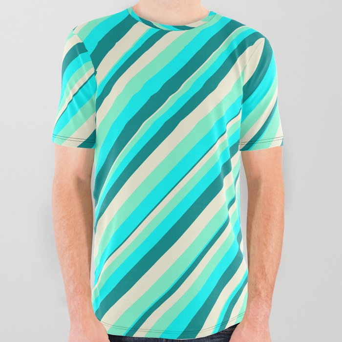 Aquamarine, Cyan, Dark Cyan, and Beige Colored Lined/Striped Pattern All Over Graphic Tee