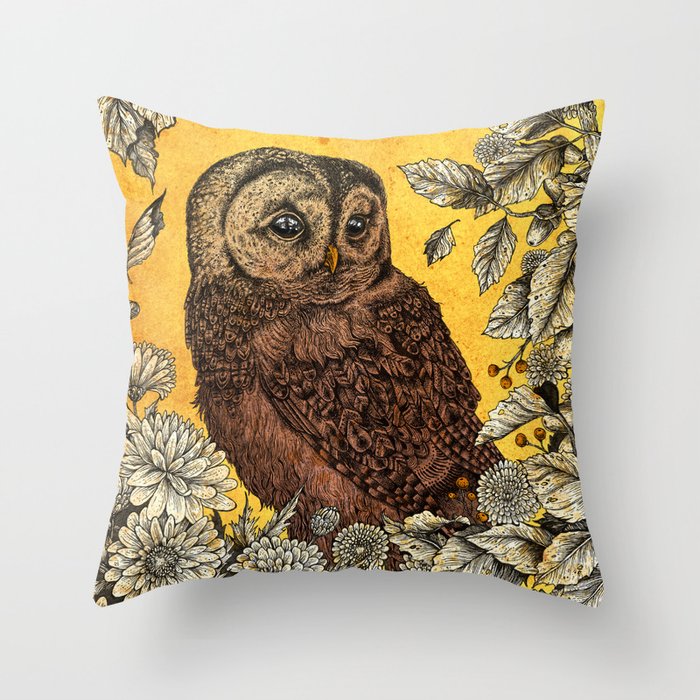 Tawny Owl Yellow Throw Pillow