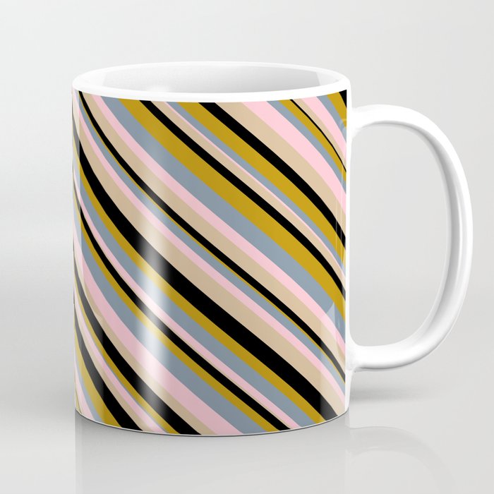 Vibrant Light Slate Gray, Pink, Tan, Black, and Dark Goldenrod Colored Lined Pattern Coffee Mug