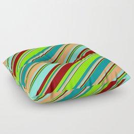 [ Thumbnail: Eyecatching Dark Cyan, Brown, Aquamarine, Dark Red, and Chartreuse Colored Striped/Lined Pattern Floor Pillow ]