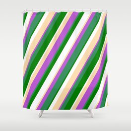 [ Thumbnail: Tan, Orchid, Sea Green, Green & White Colored Stripes/Lines Pattern Shower Curtain ]