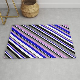 [ Thumbnail: Colorful Grey, Plum, Blue, White, and Black Colored Lined Pattern Rug ]
