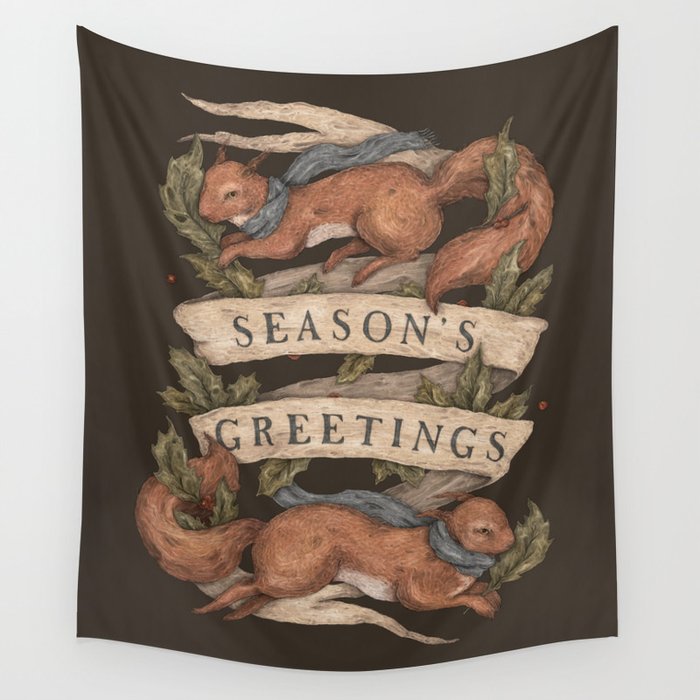 Red Squirrel Season's Greetings Wall Tapestry
