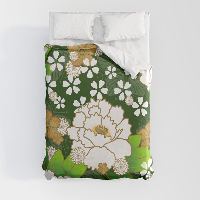 Japanese peonies seamless pattern on green Duvet Cover