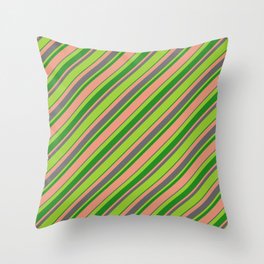 [ Thumbnail: Green, Forest Green, Dark Salmon, and Dim Gray Colored Striped/Lined Pattern Throw Pillow ]