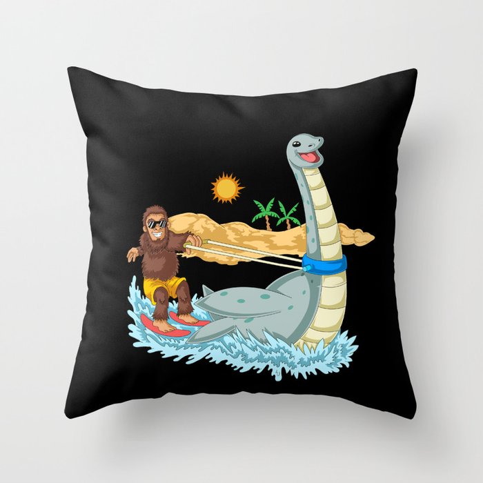 Bigfoot Riding Loch Ness Throw Pillow