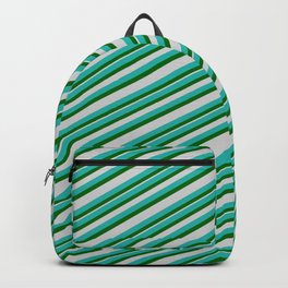 [ Thumbnail: Light Sea Green, Dark Green & Light Gray Colored Stripes Pattern Backpack ]