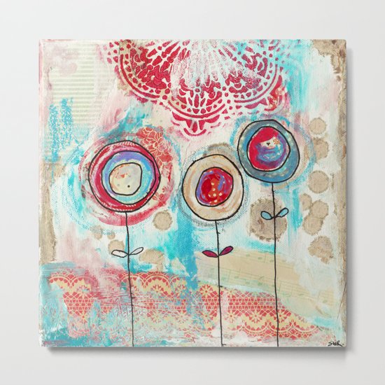 1 red, 1 cream, 1 blue flower Metal Print