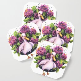 Cute duck in purple flowers hydrangea traditional illustration Coaster