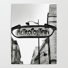 Paris Art Nouveau Metro - Metropolitan Subway Station Sign black and white photograph Poster