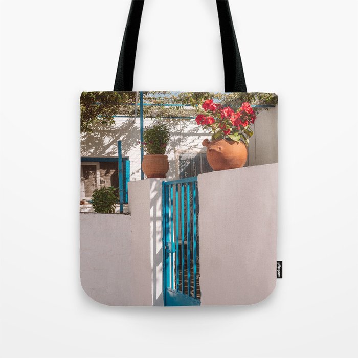 Greek Still Live with Flower Pot and Blue Door | Mediterranean Scene on the Cycladic Islands of Greece | Travel and Summer Photography Tote Bag