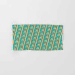 [ Thumbnail: Brown & Light Sea Green Colored Lines/Stripes Pattern Hand & Bath Towel ]