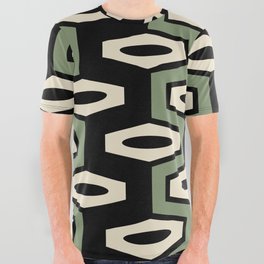 Atomic Geometric Pattern 249 Black Sage Green and Beige All Over Graphic Tee