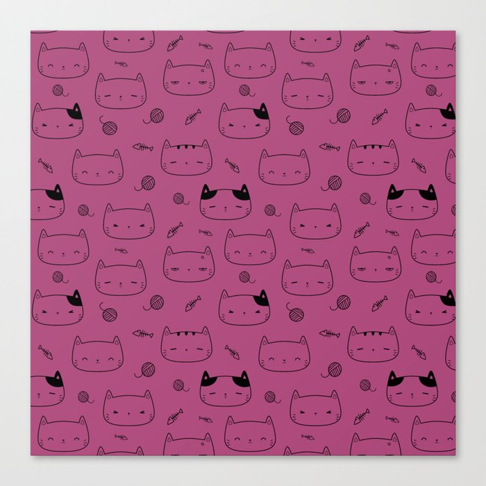 Magenta and Black Doodle Kitten Faces Pattern Canvas Print