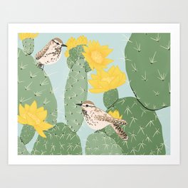 Prickly Pear with Wrens  Art Print