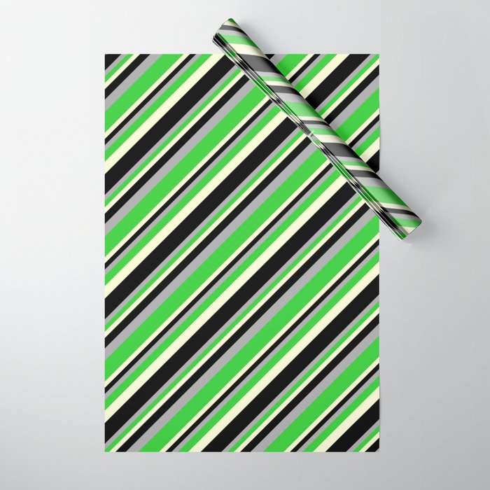 Dark Grey, Lime Green, Light Yellow, and Black Colored Pattern of Stripes Wrapping Paper