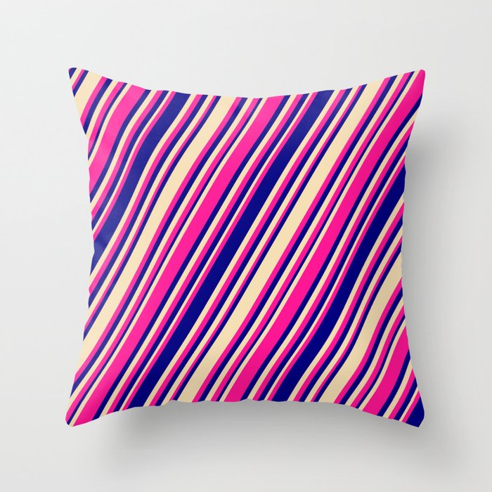Deep Pink, Blue, and Tan Colored Stripes/Lines Pattern Throw Pillow