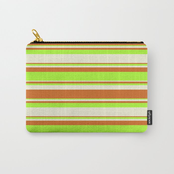 Beige, Chocolate & Light Green Colored Lined/Striped Pattern Carry-All Pouch