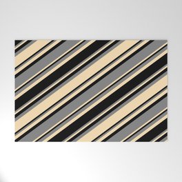 [ Thumbnail: Black, Grey & Beige Colored Striped Pattern Welcome Mat ]