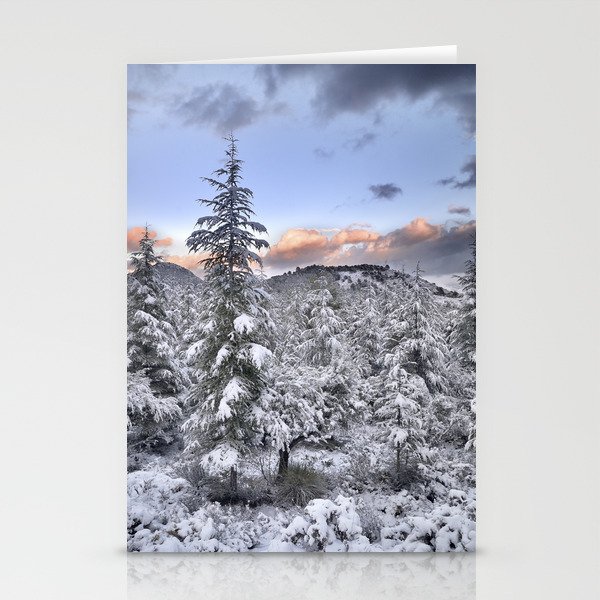 Mountain Light Ii Snowy Forest At Sunset Stationery Cards By Guidomontanes