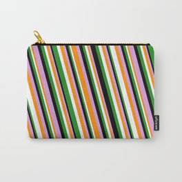 [ Thumbnail: Eye-catching Forest Green, Black, Plum, Dark Orange, and White Colored Striped Pattern Carry-All Pouch ]