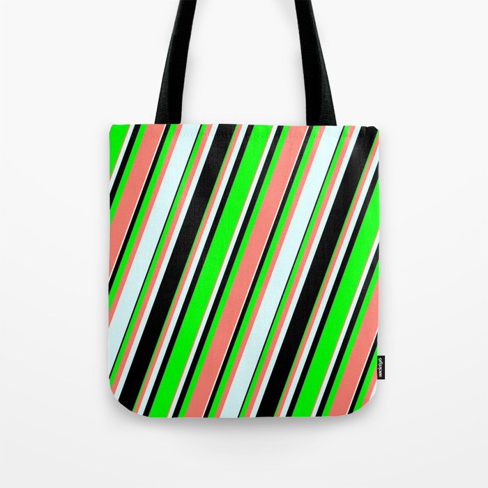 Lime, Salmon, Light Cyan, and Black Colored Striped Pattern Tote Bag
