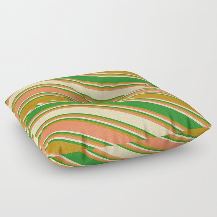 Coral, Tan, Forest Green, and Dark Goldenrod Colored Stripes/Lines Pattern Floor Pillow