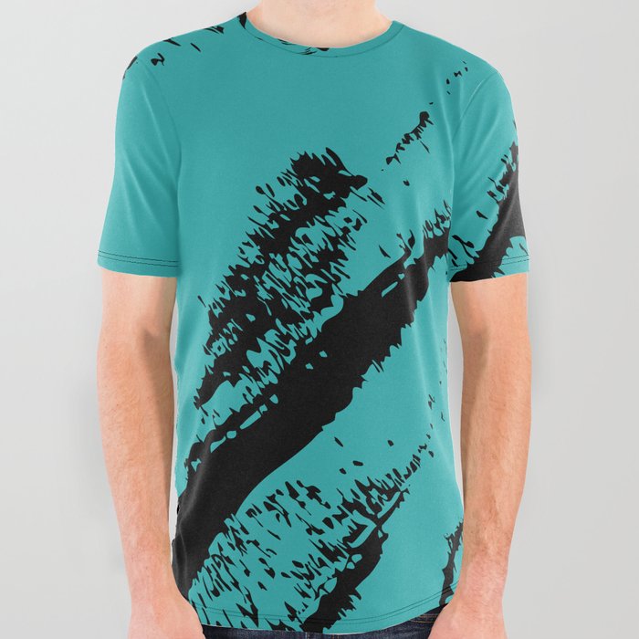 Abstract Charcoal Art Black Teal Blue Green All Over Graphic Tee