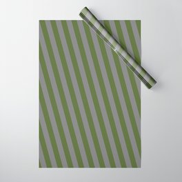 [ Thumbnail: Dark Olive Green & Grey Colored Lined Pattern Wrapping Paper ]