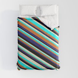 [ Thumbnail: Eye-catching Beige, Aqua, Chocolate, Midnight Blue, and Black Colored Lined Pattern Comforter ]