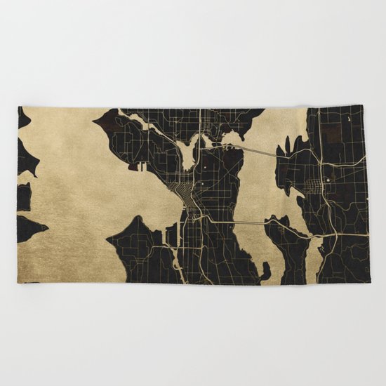 Seattle Black and Gold Map Beach Towel
