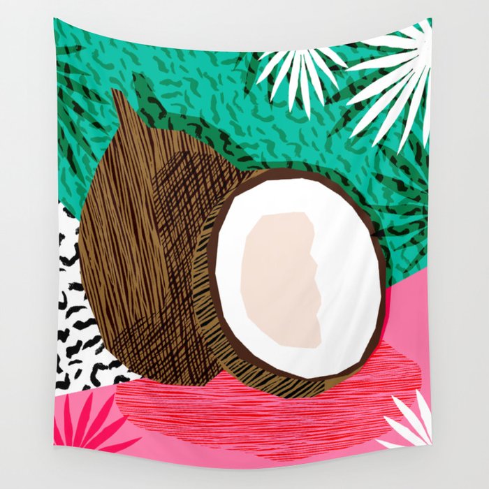 Bada Bing - memphis throwback tropical coconuts food vegan nature abstract illo neon 1980s 80s style Wall Tapestry