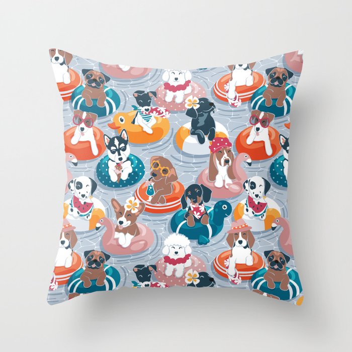 Summer pool pawty // pastel blue background dog breeds in vacations playing on swimming pool floats // Labrador beagle dachshund jack Russell Dalmatian welsh corgi pug greyhound basset hound husky  Throw Pillow