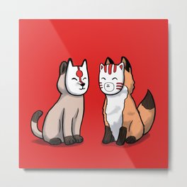 Cat and fox wearing japanese mask Metal Print