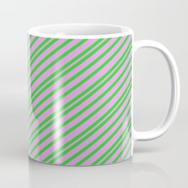[ Thumbnail: Lime Green and Plum Colored Pattern of Stripes Coffee Mug ]